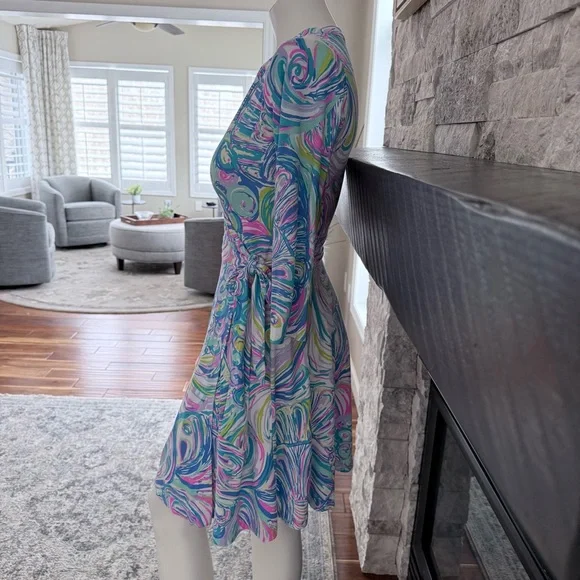 Lilly Pulitzer Mini Wrap Dress Blue Pink Green Print Jersey Tie Waist Size S - Picture 3 of 9